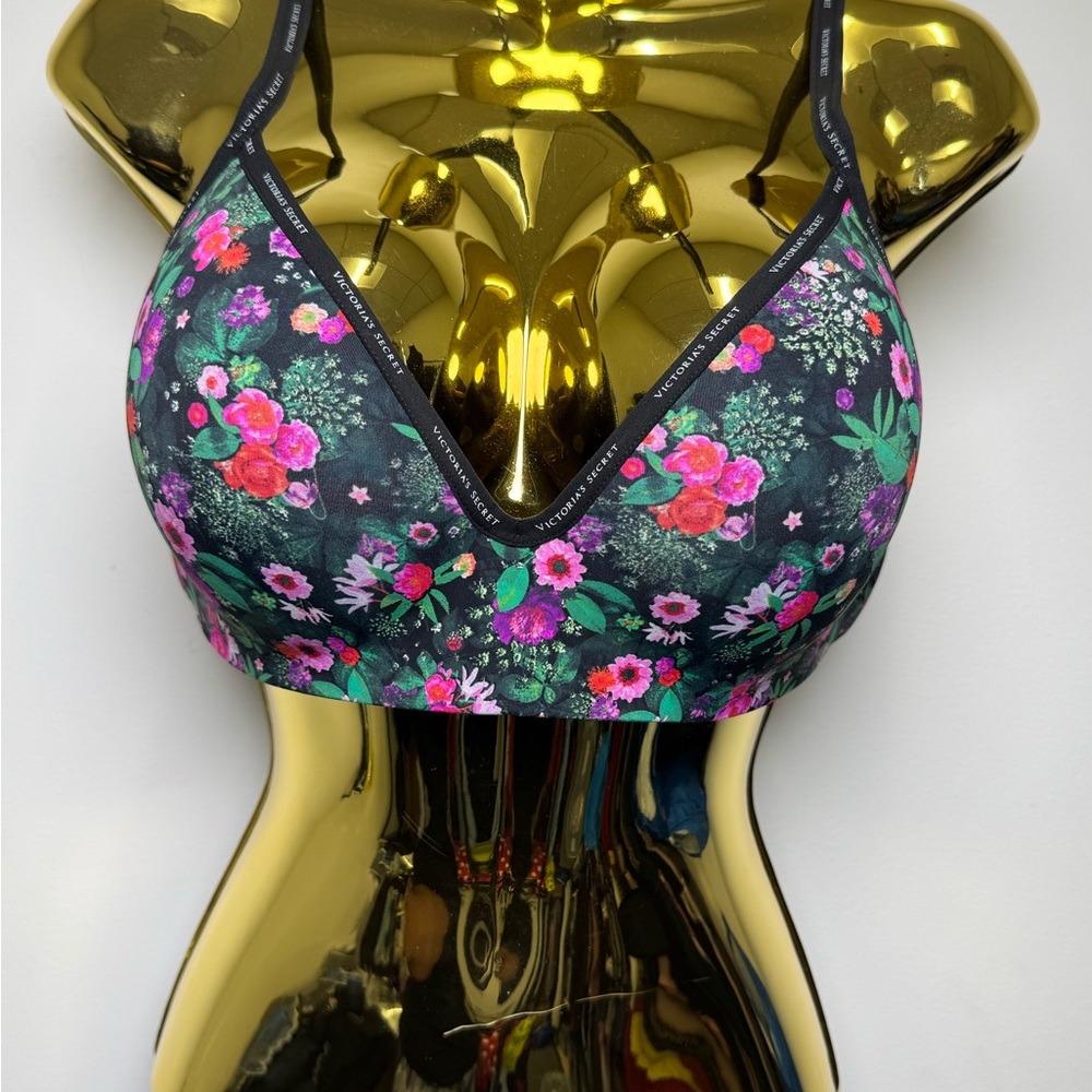 Victoria's Secret Floral Wireless Bralette - Black with Pink & Green Floral